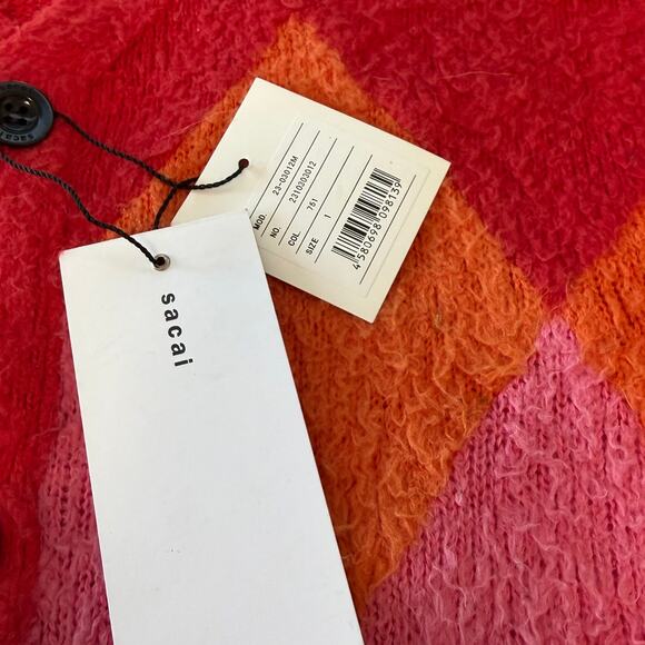 SACAI: Men's Red Argyle Cotton Cardigan - 1 - Picture 4 of 10